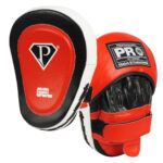PRO punching mitts black and red with white background.