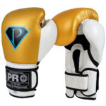 white and gold boxing training gloves with white background.